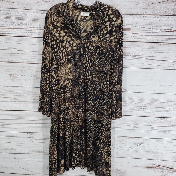 Chico's Travelers Brown Paisley Slinky Button Front Long Sleeve Dress Size 3 - Picture 1 of 13